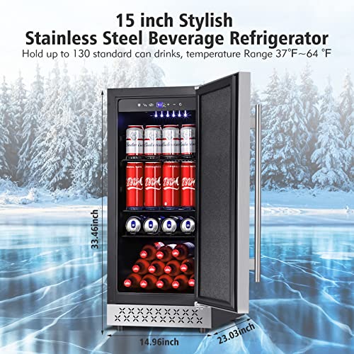 Image of Tylza Beverage Refrigerator 15 Inch Wide, Mini Fridge Stainless Steel Under Counter Beverage Cooler, 130 Cans Beer Fridge with Built-in and Freestanding Beverage Fridge