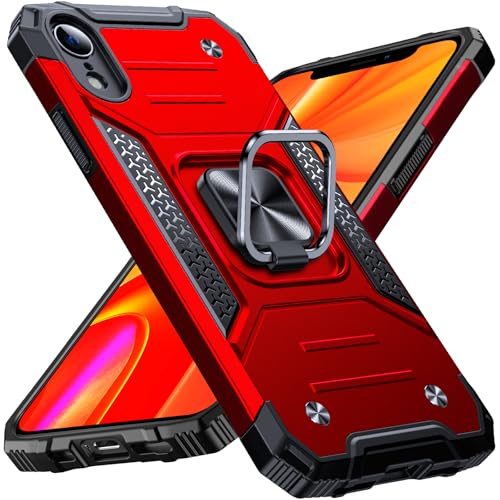 Image of Anqrp Heavy Duty Case for iPhone XR Case with Enhanced Ring Holder Grip Stand, Military Grade Shockproof Rugged Drop Protective Silicone Hard Slim iPhone XR Phone Case Cover,Corail Red
