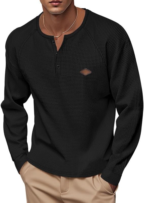 Men's Warm Waffle Top - 1/4 Button Round Neck Solid Color Casual Sweatshirt for Dai...