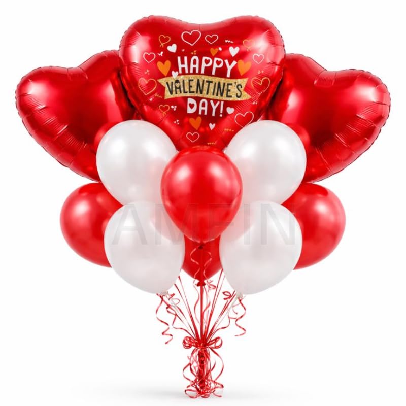 Image of AMFIN (Pack of 9) Happy Valentine's Day Balloon Decoration Set | Romantic Heart Foil Bouquet Metallic Helium Bunch Proposal Anniversary Celebration Party Decor - Red