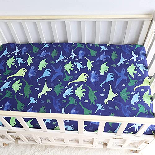Image of TANOFAR Boy Crib Sheet Blue Nursery Bed Dinosaur Sheets for Baby Toddler Mattress Stretchy and Soft Premium Crib Sheets