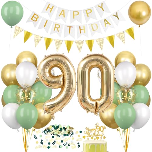 Décoration Anniversaire 90 Ans, Ballon 90 XXL Vert et Or, Kit Ballon Guirlande Happy Birthday Deco, Bannière Joyeux Décoratif pour Anniversaire 90 Ans Homme Femme, Fête D'anniversaire Déco