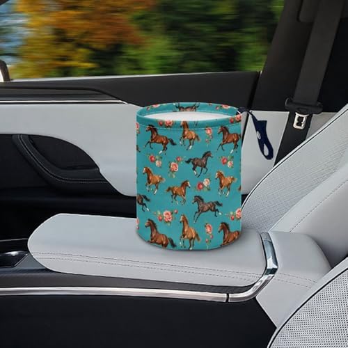 Image of Horse Floral Hanging Portable Car Trash Can Waste Basket Car Accessories Interior Collapsible for Men and Women Easy to Install
