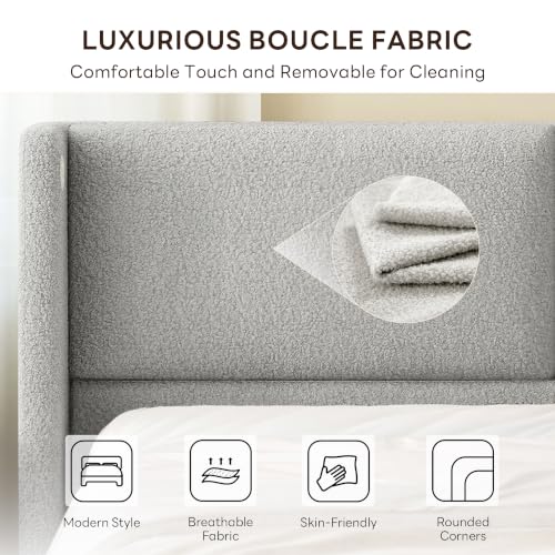 Image of LIKIMIO Queen Bed Frame with USB Ports & Wingback Headboard, Grey | Boucle Upholstered Platform Bed, Sturdy Slat Frame, No Box Spring Needed, Fits Living Room and Apartment.