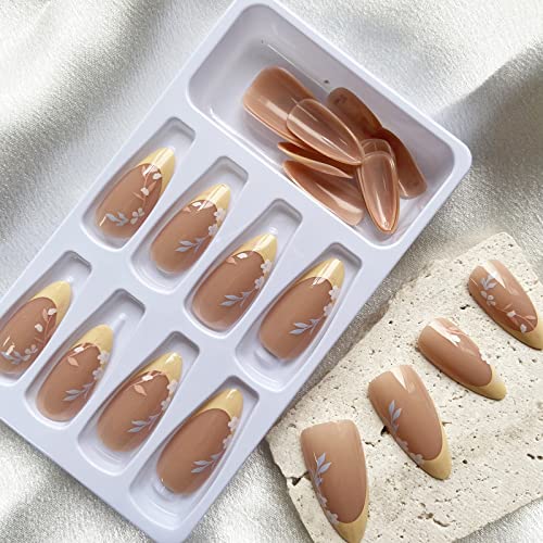 French Tip Press On Nails Almond Fake Nails Yellow False Nails With Leaves Design Flower Glue On Nails Spring Summer Acrylic Nails Medium Stick On Nails Yellow Nail Tip Cute Artificial Nails 24Pcs #TOP3