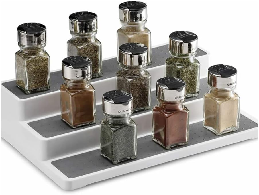 Spice Rack Shelf Organiser Non Slip Free Standing Seasoning Storage for Kitchen Pantry, Bathroom, Cupboard, Fridge Organisers - 3 Tier