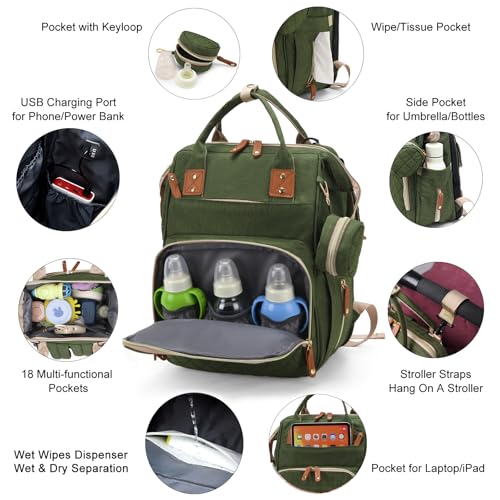 Image of Diaper Bag with Changing Station, Baby Backpack with Foldable Changing Pad | Waterproof Large Backpack for Mom & Dad, USB Charging Port,Shower Gifts for Mom Dad Girl Boy, Baby Newborn Essential, Green
