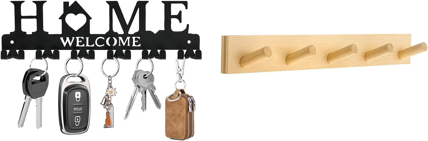 Black Double Hooks Key Holder Wall Mount and Wooden Coat Rack 1 Pcs