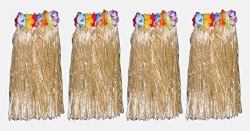 Tropical Haze Lot of 4 Plastic Flowered Luau Hula Skirts - Tan Raffia Color - Adults