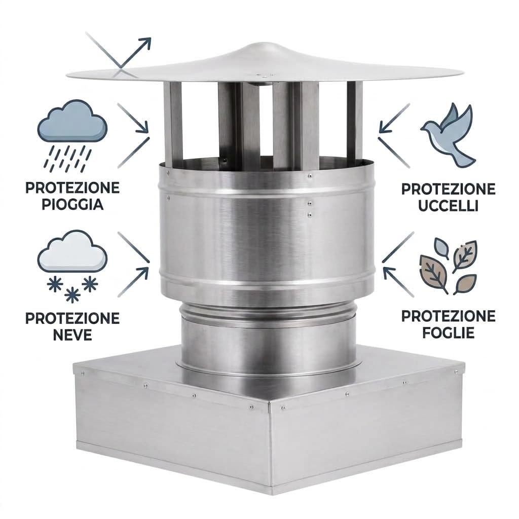 MAKA Comignolo Antivento Base Rettangolare, Terminale per Canna Fumaria Camino Stufa a Legna Pellet e Gas, Cappello Antipioggia Aspirafumo Base Rettangolare (220x320 mm - Inox)