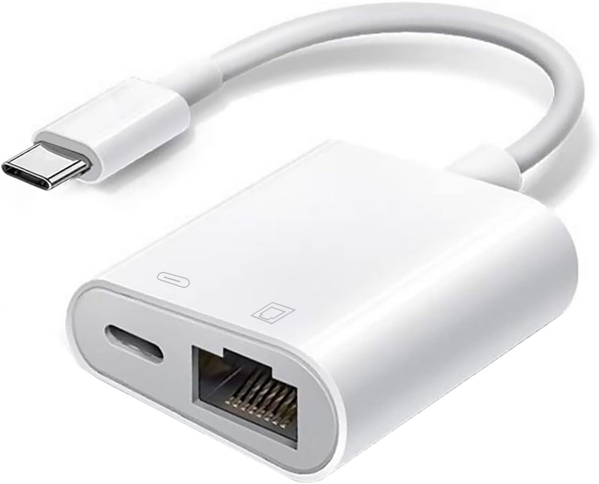 USB C to Ethernet Adapter + Charge, PD 15W, Plug and Play, Type C to LAN Network Ethernet Adapter, Supports 100Mbps Ethernet Network Compatible for Android/iPad/MacBook