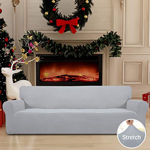Image of Easy-Going Stretch 4 Seater Sofa Slipcover 1-Piece Sofa Cover Furniture Protector Couch Soft with Elastic Bottom for Kids, Polyester Spandex Jacquard Fabric Small Checks Silver Gray