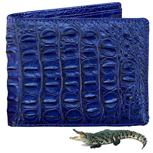Navy Blue Mens Alligator Hornback Leather Billfold Wallet Crocodile Passcase Bifold Luxury Wallet Multiple RFID Blocking Security Handmade Exotic Leather With Flip-out ID Window Gift Men VINAM-106