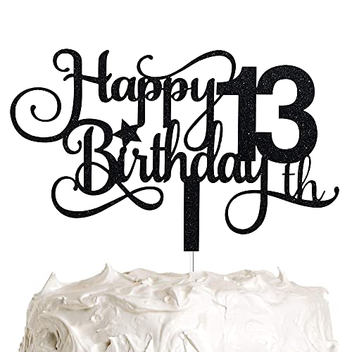 Image of FestikoBlack Glitter 13th Birthday Cake Topper, Happy 13th Birthday Cake Topper, 13th Birthday Party Decorations