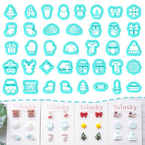 TAINSKY Winter Polymer Clay Cutters, 38 Shapes Christmas Studs Clay Earrings Cutters, Christmas Tree Clay Cutters for Polymer Clay Jewelry, Snowman Clay Cutters (Studs Clay Cutters)