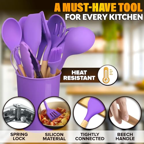 12 Pcs Purple Kitchen Utensils Set with Holder – Versatile Silicone Utensils Set for Cooking and Baking, Gentle on Pots and Pans, Heat-Resistant, Stylish, Easy to Clean, Purple Kitchen Accessories - Thumbnail 3