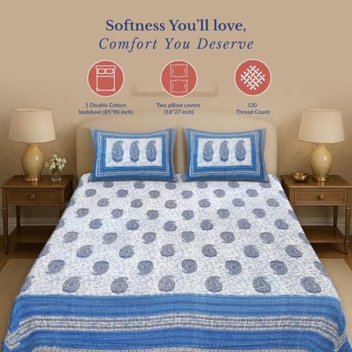 Image of Jaipur Weaves Jaipuri Double Bed Cotton Bedsheet Queen Size 90x85, 120 TC 100% Pure Cotton Bed Sheet with 2 Pillow Covers, Floral Traditional Print (Blue Paisley, Double)