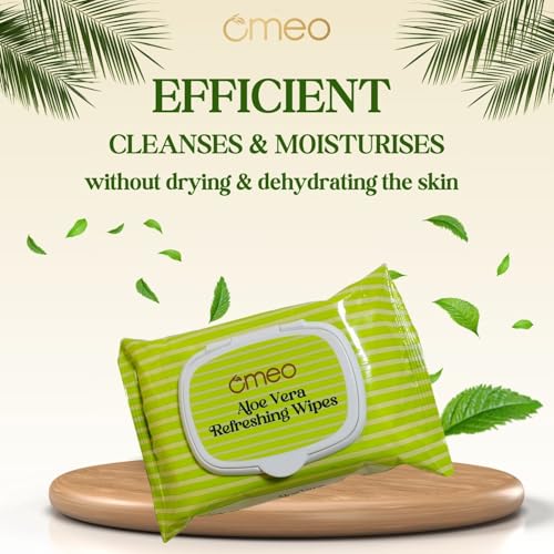 Image of Omeo Aloe Vera Refreshing & Hydrating Wet Wipes, 25N in Each (Pack of 4) | Face Cleansing, Makeup Remover Wipes with Mint Oil & Vitamin E | Sulphate, Paraben & Alcohol Free - Women and Men
