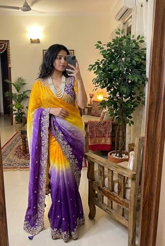 Image of Soft Fandy Satin Saree with Fancy C Pallu, Sequence Zari Work & Heavy Embroidered Stitched Blouse (Free Size)
