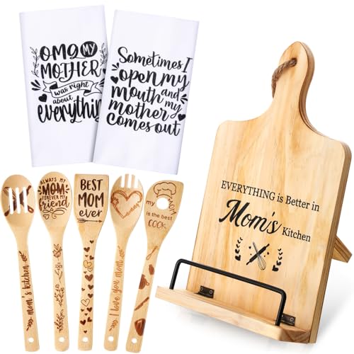Suttmin 8 Pieces Mother's Day Gifts for Mom Include 1 Cookbook Stand Recipe Holder 5 Wooden Spoons Utensils 2 Kitchen Towels for Mother's Day Birthday Kitchen Gifts