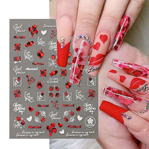 Valentine's Day Art Stickers Decals 3D Self-Adhesive Valentines Day Laser White Red Love Rose Red Lips Romantic Design Nail Supplies Accessories Decoration For Women, 8 Sheets #TOP9