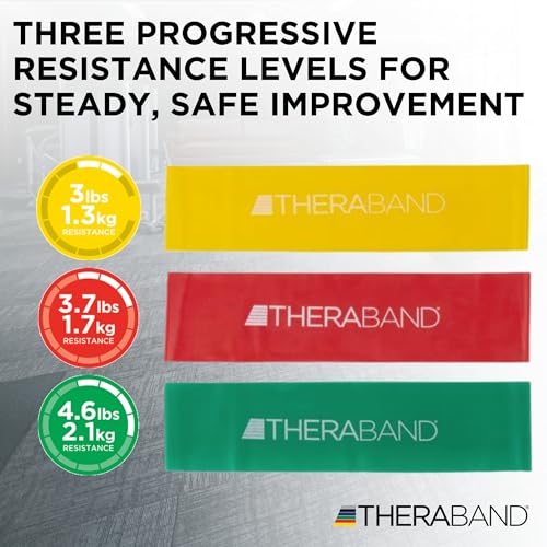 THERABAND Resistance Bands Set, Beginner Kit, Yellow, Red, Green, Latex Elastic Bands for Exercise & Physical Therapy, Strength Training Bands for Upper & Lower Body Fitness - Image 3