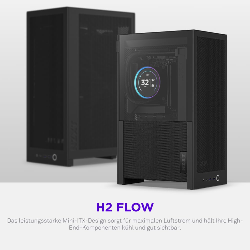 NZXT H2 Flow – Mini-ITX 20,7L High-Airflow PC-Gehäuse – Inkl. 2 x 120-mm-Lüfter Oben & PCIe 5.0-Riser Cable– 331-mm-Grafikkarte – 280-mm-Radiator – Schwarz
