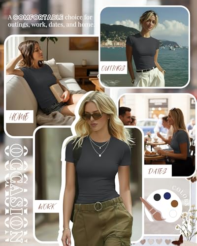Image of Evervibe Women Built-in Bra Short Sleeve Shirts Crewneck T-Shirt Slim Fit Going Out Tops Casual Summer Basic Tees