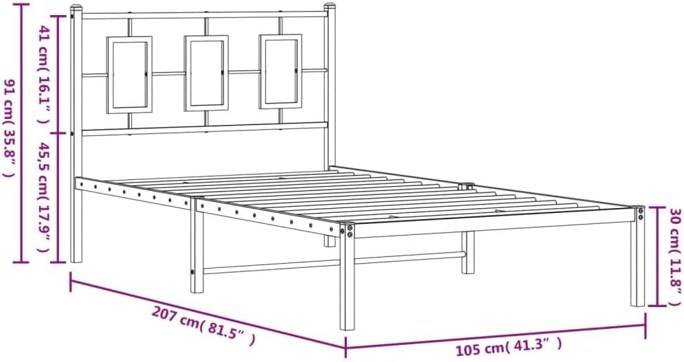 vidaXL White Metal Single Bed Frame with Headboard - Modern Bedroom Furniture, Steel Guest Bed Frame for Superior Support, 81.5x41.3x35.8 in