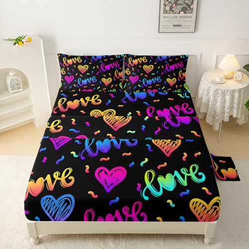 QOOMO Color Heart Print 4 Piece Kids Sheet Full Size, Love Print Bedding Sheet Set,Boys Printed Flat Sheet Fitted Sheet with 16" Deep Pocket,100% Microfiber Ultra Soft and Skin Friendly