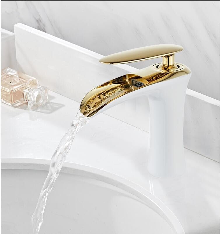 Mitigeur cascade de salle de bain or et blanc en laiton