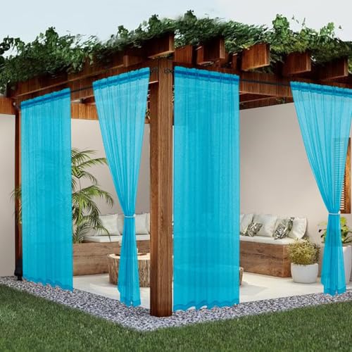youleyar Sheer Outdoor Curtains for Patio Waterproof 2 Panels Linen Look Rod Pocket Indoor Aqua Voile Curtain for Living Room, Bedroom, Porch, Pergola, Cabana, Gazebo(52x84 Inch, Aqua)