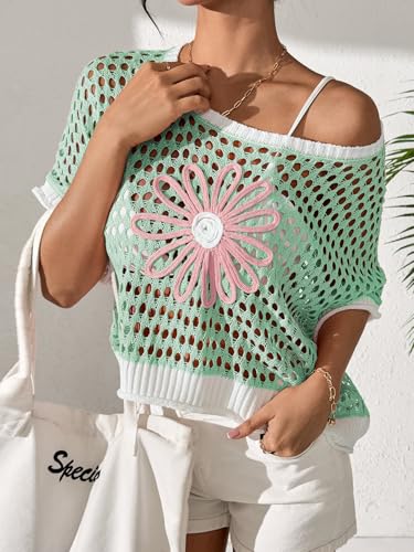 Image of OCSTRADE Summer Crochet Tops for Women Boho Crop Hollow Out Sweaters Beach Vacation Knit Cover Ups