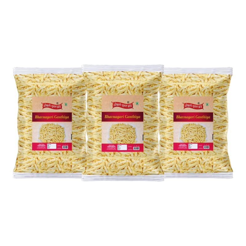 Image of OKHLI MUSAL BRAND Bhavnagri Gathiya-Fried Gram Flour Sticks, Carom Seeds | Malwa Suryapur Bhavnagari Gathiya Namkeen | Ganthiya Made in Groundnut Oil Festive Favourite Lite Savoury Snack-850g*3Pack