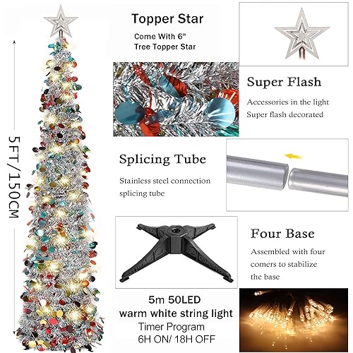 HMASYO 5FT Pop Up Christmas Tree with Timer 50 Lights, Tinsel Christmas Tree, Collapsible Artificial Pencil Tree Xmas Decoration for Indoor Home Apartment Porch Party, Easy Assembly