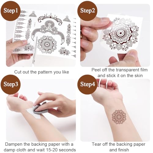 MAYCREATE® Tattoo Sticker 12 Sheets Mandala Temporary Tattoo for Women Girls Brown Lotus Flower Arm Band Tattoo Waterproof Henna Tattoo Stickers for Hands, Body, Arm, Feet - Image 3