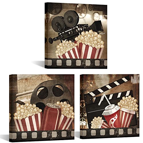 iKNOW FOTO Vintage Movie Canvas Art Black and Red Wall Art Classic Film Reel Cinema Popcorn Pictures Printed on Canvas Painting Stretched and Framed Ready to Hang Home Movie Theater Deco