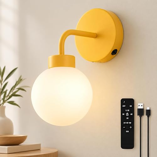 Battery Operated Wall Sconce, Yellow Rechargeable lamp with Remote