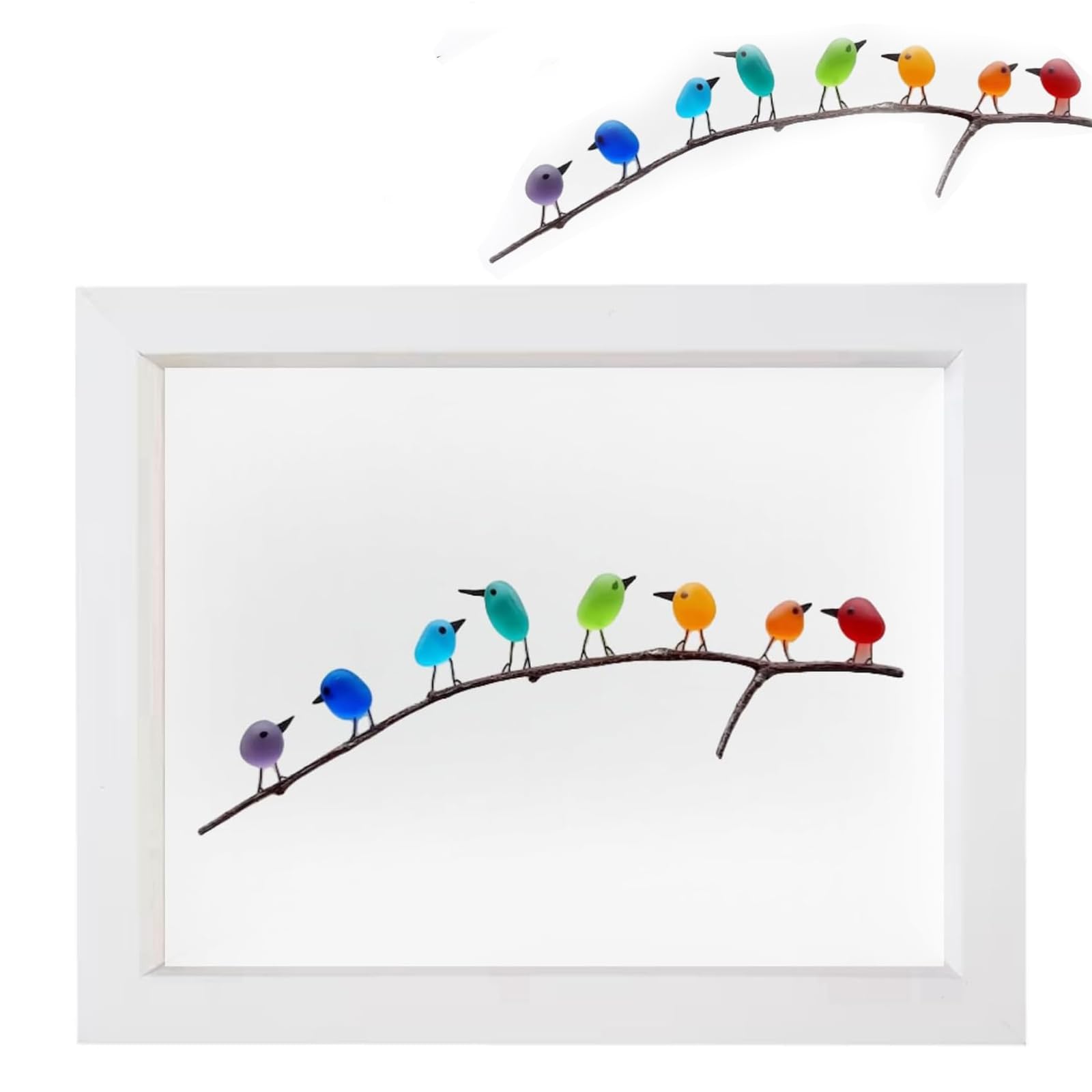 FANOLO Dotmalls Coastal Love Notes, Dotmalls Coastal Sea Glass, Sea Glass Rainbow Birds on Branch, Coastal Love Notes Birds, Dotmalls Sea Glass Birds Wall Art (White,8 birds)
