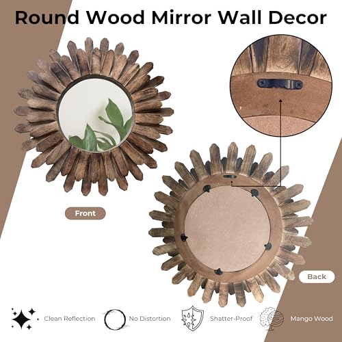 14-inch Rustic Round Wood Mirror, Decorative Boho Sunburst Mirror for Bedroom, Living Room, Entryway - Burnt - Image 5