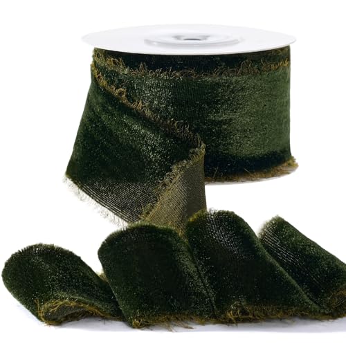 FAKILO 1 1/2 Inch Dark Green Velvet Christmas Ribbon for Gift Wrapping, 1 Roll x 6 YardsFrayed Velvet Ribbon for Flower Bouquet, Christmas Decor Tree, Wreath, Bows