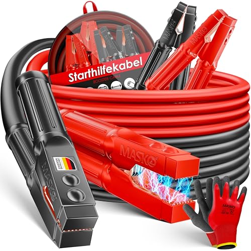 MASKO® Starthilfekabel Überbrückungskabel für Benzin- und Dieselmotoren 12/24 Volt. Auto, Motorrad & LKW Starterkabel aus Kupfer mit 4 vollisolierten Polzangen, Handschuhe & Tasche 2x6m 50mm² 3000Amp