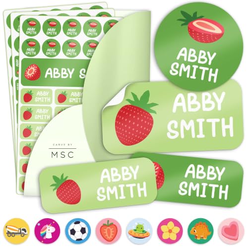 Personalized Name Labels for Kids, 80-148 Pack Waterproof Custom Daycare Name Stickers for Clothing Tags, Lunch Boxes and School Supplies, Made in USA by MSC - Strawberry