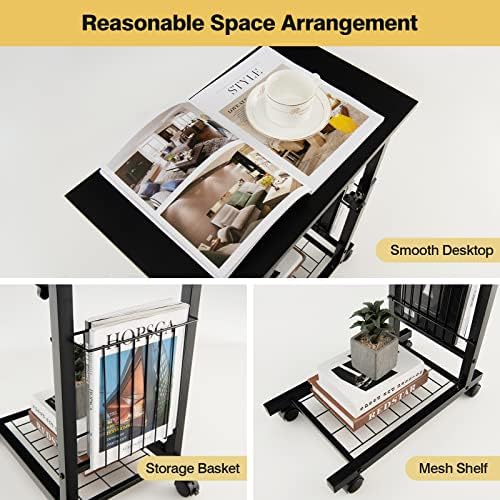 COSTWAY C-Shaped Sofa Side Table, Height Adjustable Mobile Laptop Desk Coffee End Table with Storage Basket, Shelf and Wheels, Snack Overbed Table for Living Room Bedroom Balcony (Black)
