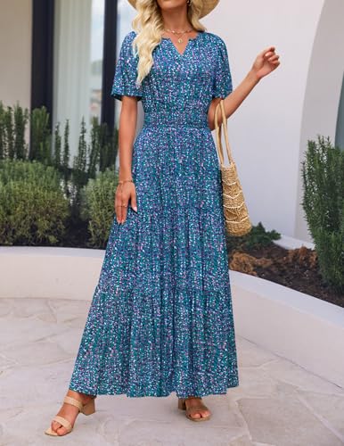 Image of ZESICA Women's 2026 Summer Spring Floral Boho Maxi Dresses Casual Short Sleeve V Neck A Line Flowy Beach Vacation Dress