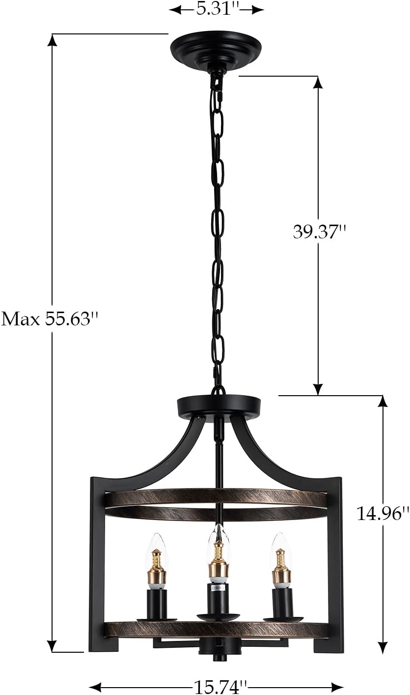 LIGHTDAMY Farmhouse Drum Pendant Light 3-Lights Vintage Kitchen Island Ceiling Light Fixture Retro Metal Adjustable Hanging Lamp, 15 Inch, Black and Wood Paint - - 