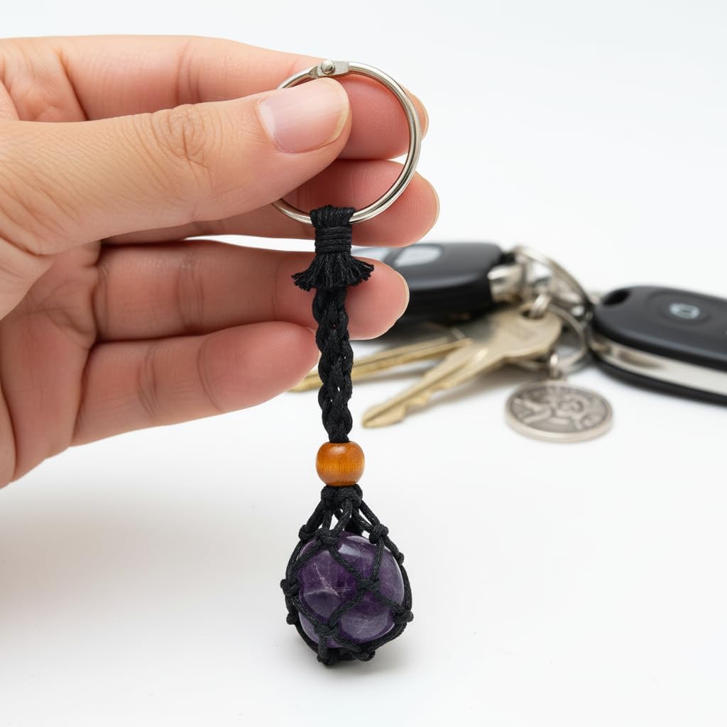 7 Pieces Chakra Handmade Keychain Keyring,Seven Multicolor Crystal Cage Rope Stone Holders for Women Men