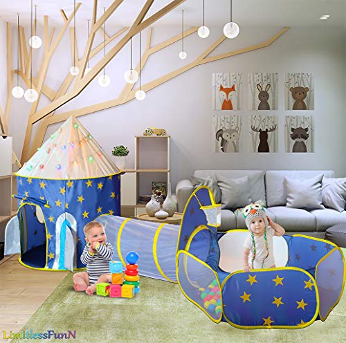 LimitlessFunN 4pc Space Rocket Ship Kids Pop Up Play Tent, Crawl Tunnel, Ball Pit | Includes Star Lights & Carrying Case |, Children Indoor Castle Playhouse for Boys, Toddlers, 47\" D x 126\" W x 53\" H