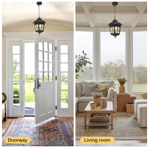 Outdoor Pendant Lights for Porch Entryway Yard Front Door Patio, Waterproof Outside Hanging Lights Fixture Adjustable Chain Black Exterior Lantern Pendant Lamp Outdoor Chandelier, 2 Pack
