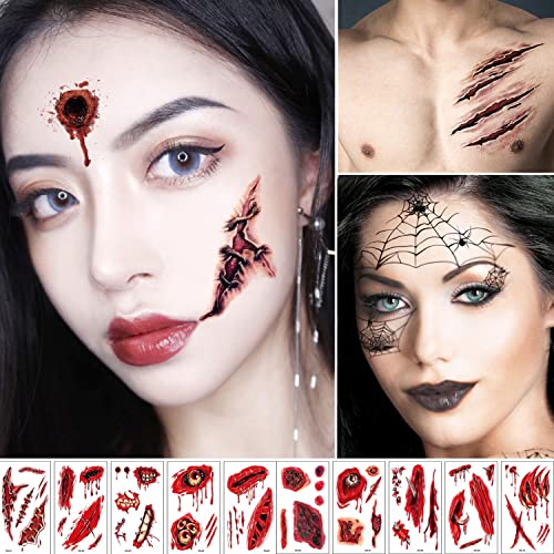 10 Hojas Scary Etiquetas Engomadas del Tatuaje de Cicatriz para Disfraz de Fiestade Halloween para Festival Fiesta, Masquerade de Cosplay para Hombres Mujeres Niños